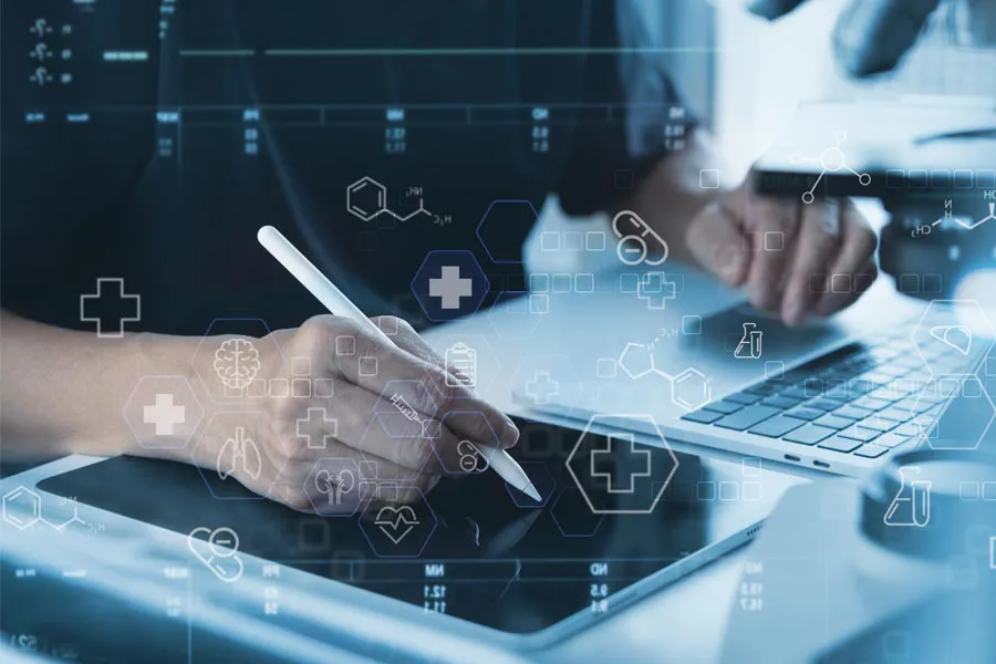 Health-Conditions-Treated-Doctor Close-up of a medical professional using a laptop and tablet, with illustrated medical symbols overlayed on the image, symbolizing health conditions treated by Scott Gulinson, MD, FACOG in Phoenix.