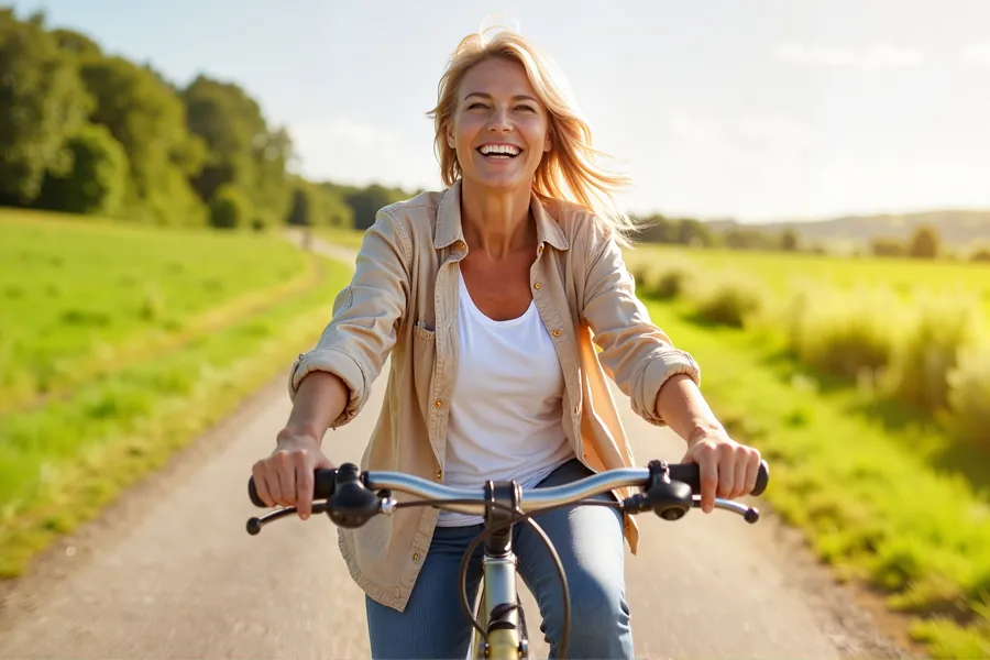 Hymenoplasty-Clinic A beautiful middle-aged woman on a bike ride. Get hymenoplasty treatment from Scott Gulinson, MD, FACOG in Phoenix.